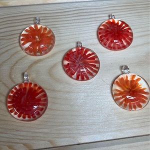 5 Glass Flower Pendants Beads - Orange & Red